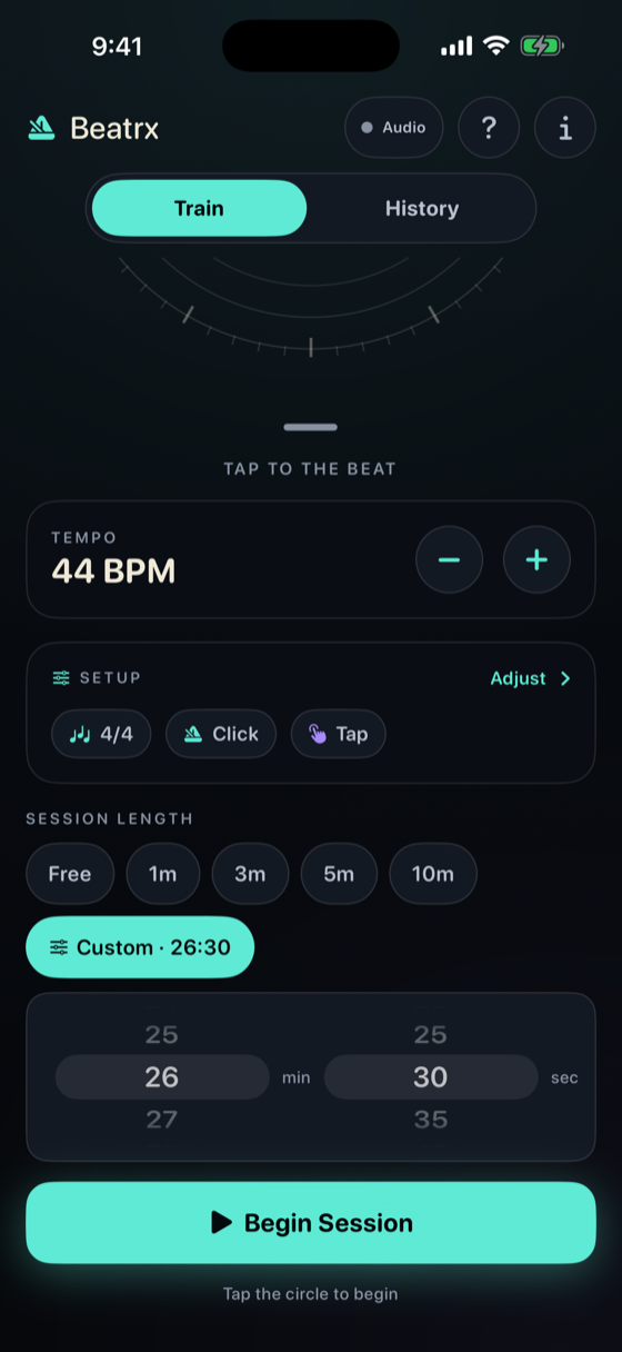 Beatrx setup screen with session length presets and a custom minutes-and-seconds picker