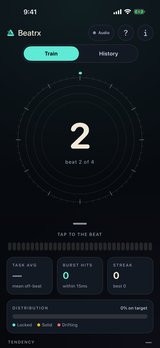 Beatrx session screen showing the pulse circle on beat 2 of 4 with live timing stats below