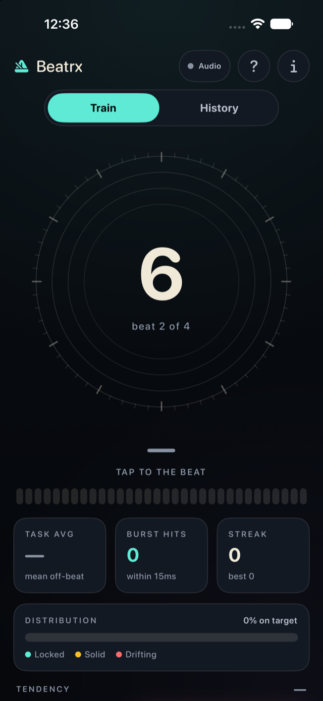 Beatrx training screen on iPhone — tapping to the beat with live feedback