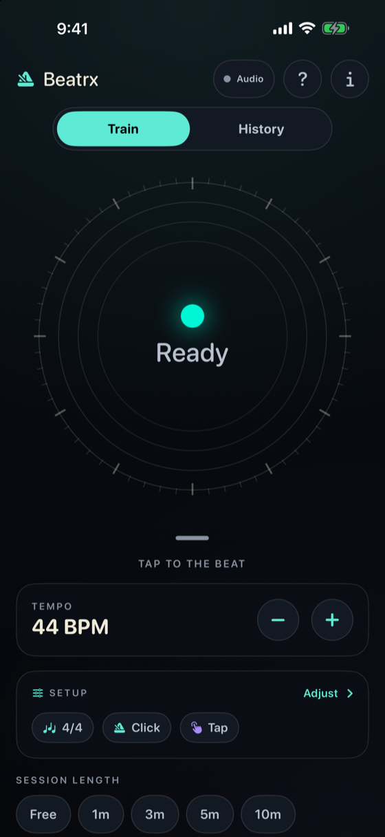 Beatrx ready screen with a calm pulse circle and a tempo of 60 beats per minute